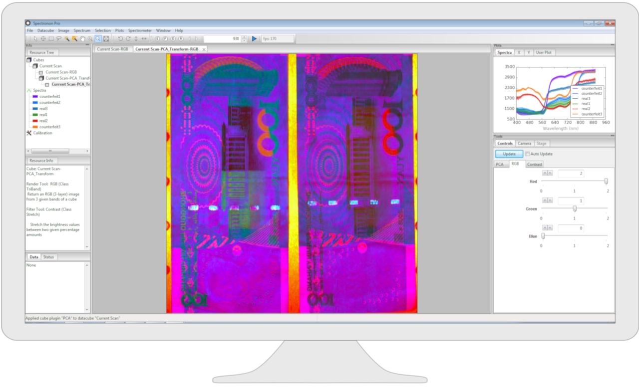 Screen capture of Resonon's Spectronon software comparing real and counterfeit currency.